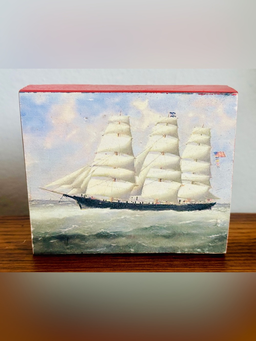 Marie Edouard Adam American Flag Ship Charles Dennis Wood Block Plaque 4.25x5.25